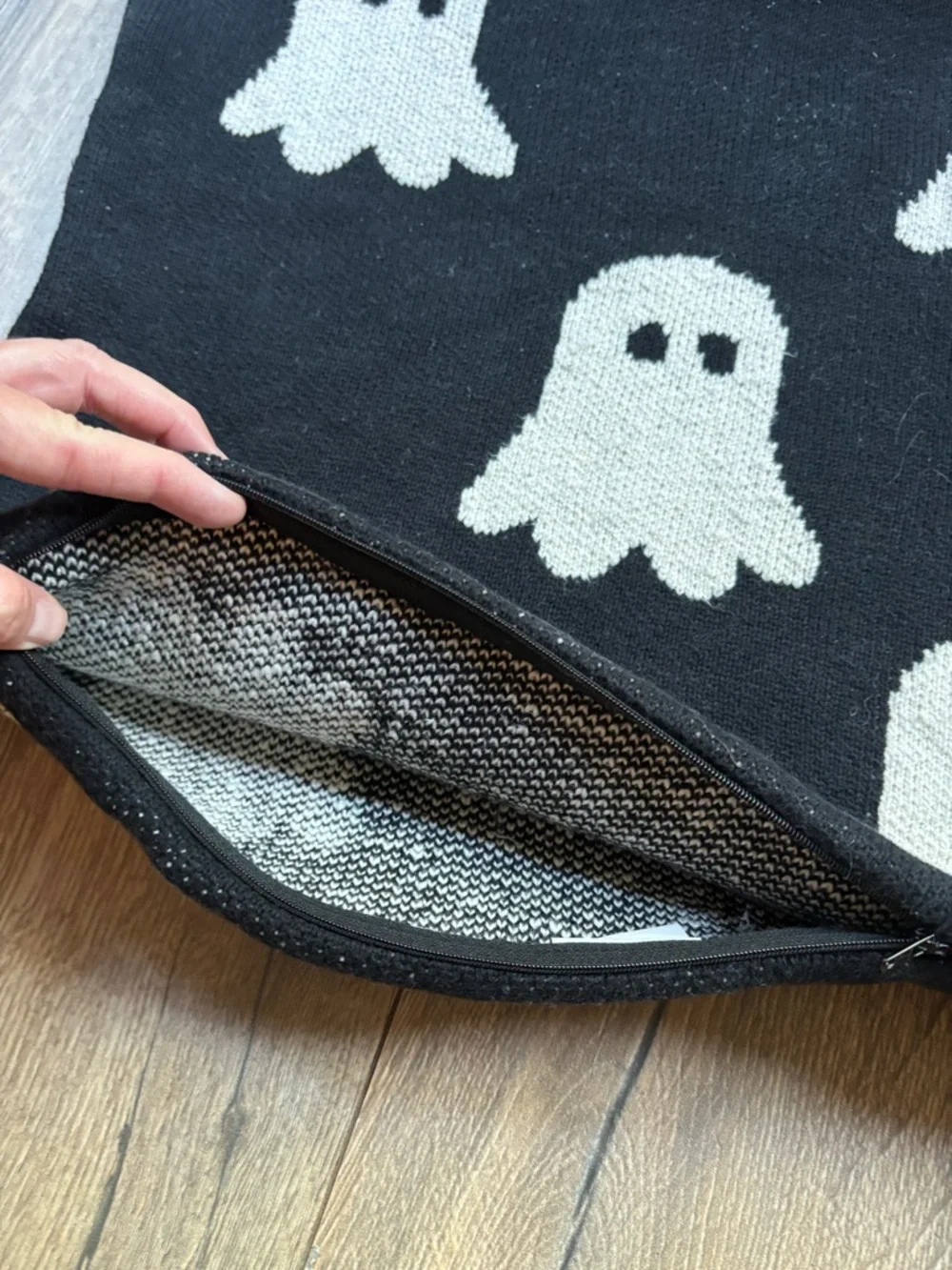 Storehouse Ghost Knit Pillow Cover Black Cream Halloween Cozy Décor 20”